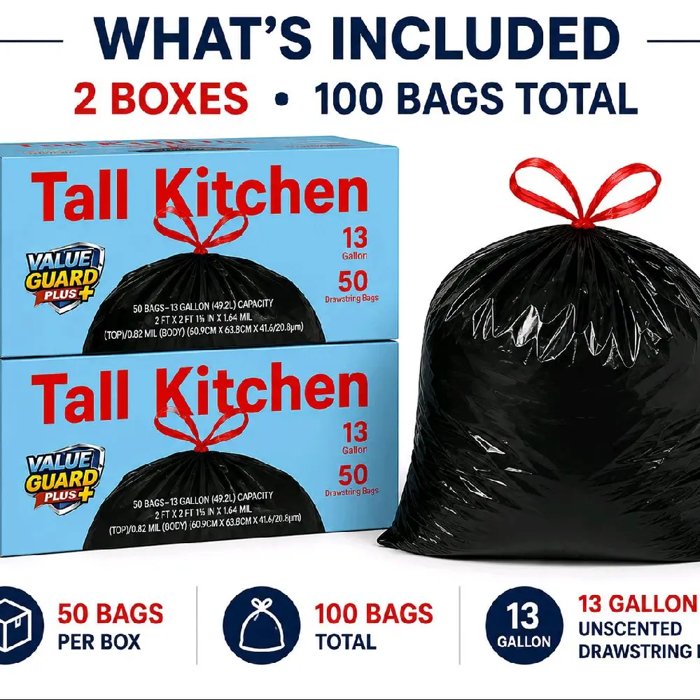 Value Guard Plus 13 Gallon Tall Kitchen Drawstring Trash Bags Unscented, Heavy Duty 100 Count Total (2 Pack,50 bags Per Box) Leak Resistant Garbage Bags