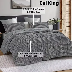 3pcs Luxury Solid Stripe Faux Rabbit Fur Comforter Set - Ultra Soft 360 GSM, Sherpa Backing (1 Comforter + 2 Pillowcases)