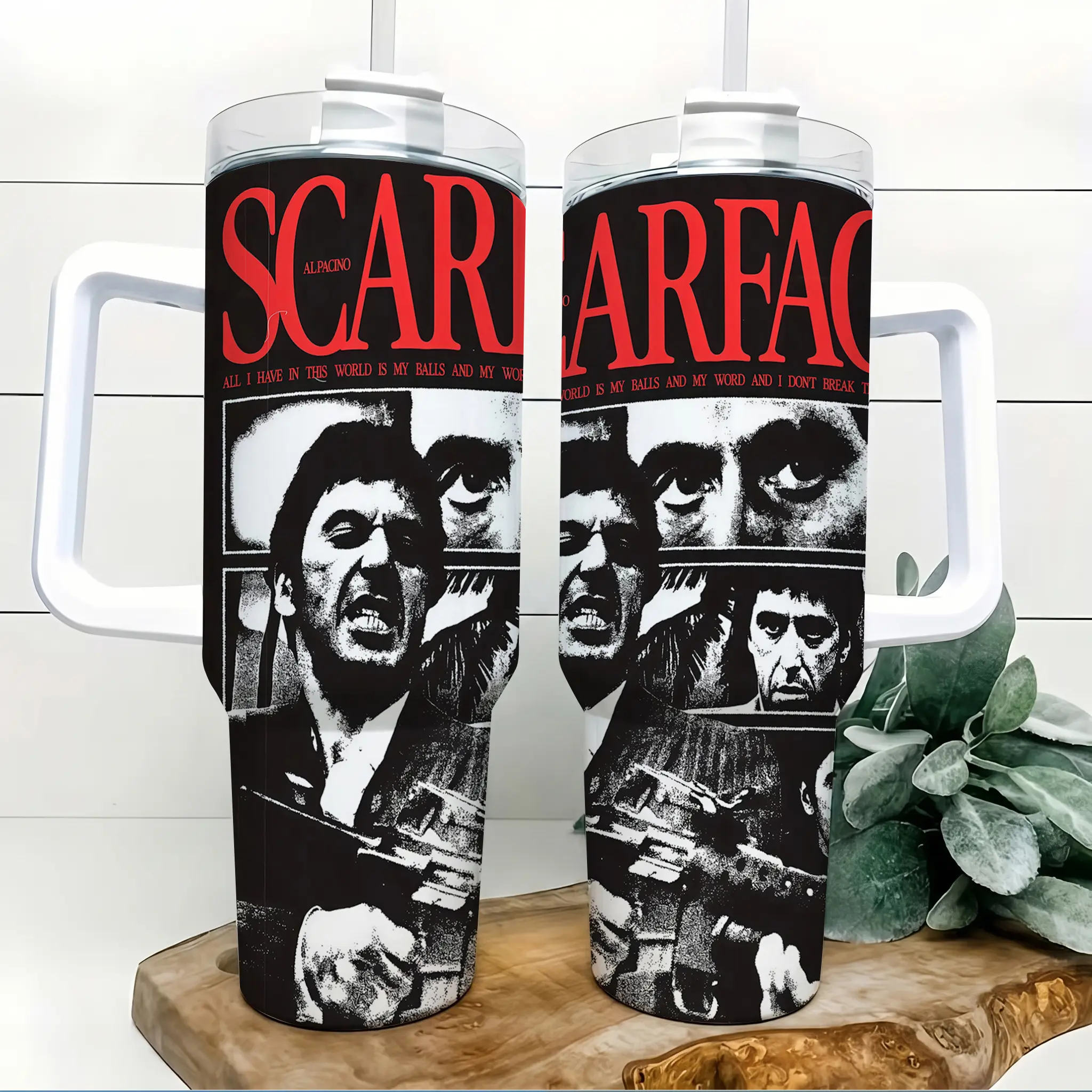 Scarface Movie 40oz Tumbler with Handle and Straw Black Red Vintage Gangster Style 304 Stainless Steel Insulated Sports Car Cup Leakproof Travel Mug Keeps Cold up to 24 Hours and Hot up to 12 Hours Large Capacity Coffee Water Cup for Men Gym Car Office