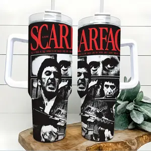 Scarface Movie 40oz Tumbler with Handle and Straw Black Red Vintage Gangster Style 304 Stainless Steel Insulated Sports Car Cup Leakproof Travel Mug Keeps Cold up to 24 Hours and Hot up to 12 Hours Large Capacity Coffee Water Cup for Men Gym Car Office