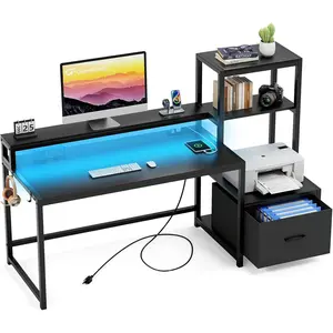 GreenForest Computer Desk with LED Lights and Power Outlets,68.8 inch Gaming Desk with Drawer and Printer Shelf,Home Office Desk with Storage for Study Writing Working,Black