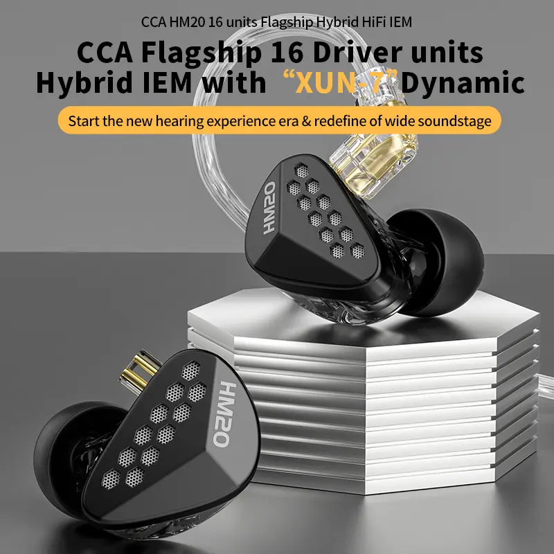 CCA HM20 16-Units Hybrid in Ear Earphones, HiFi Stereo Noise Isolating Sport IEM Wired Earbuds/Headphones with Detachable Cable for Musician Audiophile