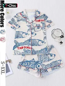 Women's Sleepwear Set, Short Sleeve Button-Up Soft Top & Elastic Shorts, Casual Home Wear, Fashionable Daily Clothing, Loungewear, Pajama Print