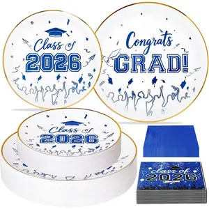 120 Pcs Graduation Plastic Plates,2026 White and Blue Graduation Disposable Plates with Gold Rim for 30 Guests,30 Dinner Plates 10 inch & 30 Dessert Plates