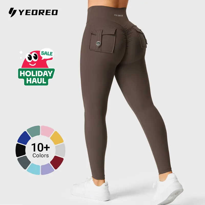 YEOREO CoreFlex Leggings with Pockets for Women Charm Scrunch Workout Leggings V Cross Waist Butt Lifting Gym Yoga Pants