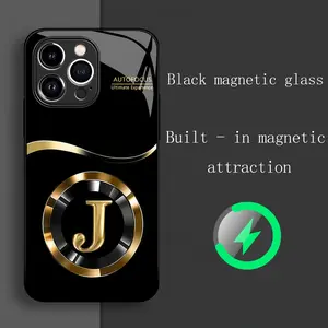 Magnetic Glass Smartphone Casing - Luxury Metal Ring Letter J Pattern Design, Cellphone Handheld Accessories for iPhone 11, 12, 13, 14, 15, 16, 17 Plus, Pro, Pro Max