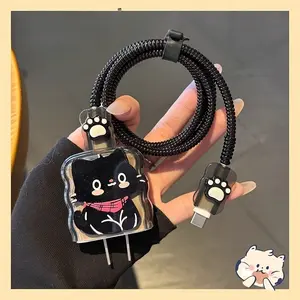 Adorable Cat Plush Wave-Patterned Charger Case Set, 5-Piece Apple Charger Protector, & Designs, Fits iPhone 16-11, 18w/20w Chargers