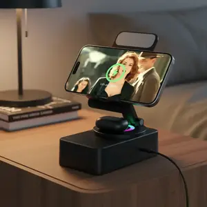 5-In-1 Bluetooth-compatible Speaker with Wireless Charger, Emergency Power Bank, Colorful Ambiance Light, Phone Stand, Compatible with iPhone/audio