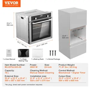 VEVOR Single Wall Oven, 24 Electric Built-in Wall Oven with 9 Cooking Functions, 2.68 Cu. Ft Electric Wall Ovens with Timer, 2800W Electric Oven with Baking Rack and Tray, for Kitchen