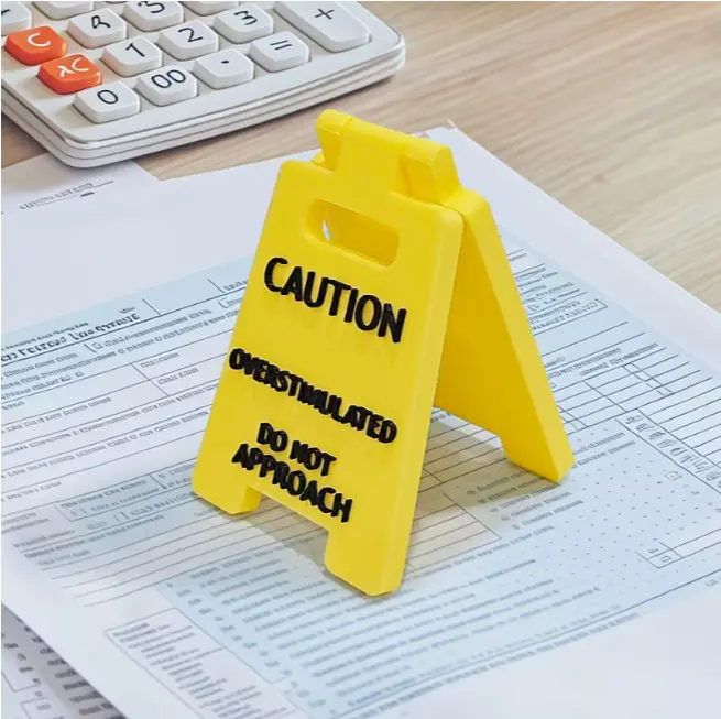 A Cute Yellow Mini Warning Sign for The Desk, Labeled 'Caution Overstimulated Desk Sign', Serves As an Office Decor Piece with a Humorous Message. This 3D Printed Accessory Is Perfect for Colleagues, Teammates, Employees
