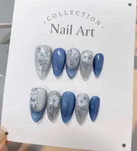 Ocean Blue Cat Eye White Floral Customized Press on Nails, Hand Painted Fake Nails, Colorful Nails, Artist Faux Nails, Reusable Premium Nail Satamiis