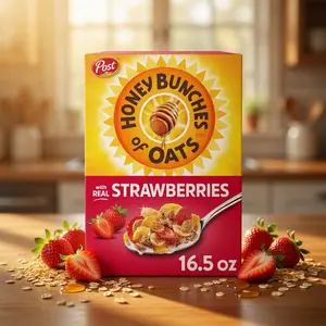 Honey Bunches of Oats with Real Strawberries Breakfast Cereal, Strawberry Cereal with Oats and Granola Clusters, Low Fat with Whole Grains, 16.5 oz Box