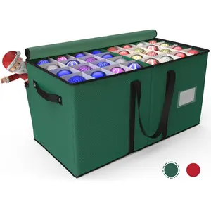 Christmas Ornament Storage Box - Stores Up to 128 Holiday Ornaments, Christmas Storage Container with Side Pocket, Adjustable Dividers, Card Slot, Tear-Proof Fabric - Green