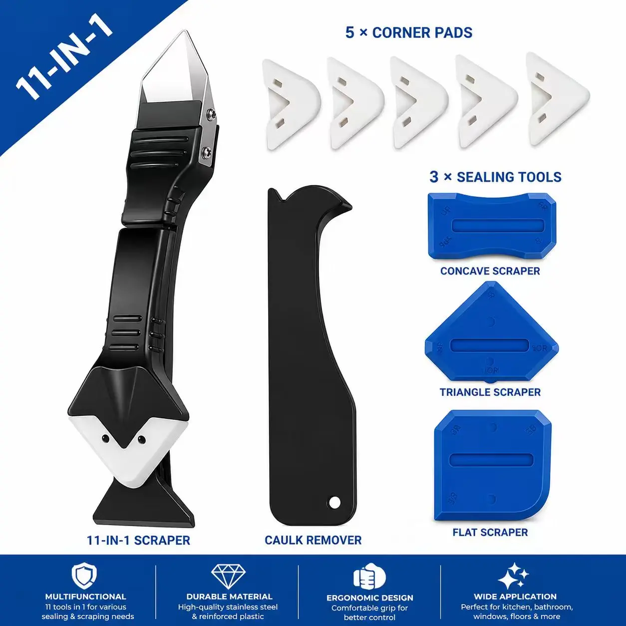 11Pcs Silicone Caulking Tools Kit with 3-in-1 Stainless Steel Grout Scraper, Multifunctional Reusable Sealant Remover & Caulk Finishing Tool for Kitchen, Bathroom Tile Joint Repair #HomeRepair #DIYCrafts