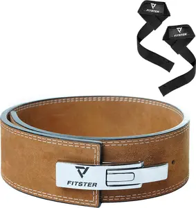 Fitster Weight Leather Lever Lifting Belt and Lifting Wrist Straps - Essential Gym Accessories for Weightlifting, Crossfit,Fitness, Powerlifting, Strength Training, Squat & Deadlift Training and Bodybuilding belt | Support, Grip Strength