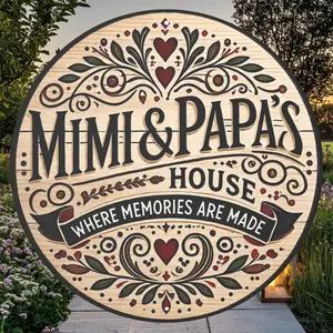 2D Flat 8X8 、12×12 Inch Round  Mimi & Papa's House Metal Wall Sign, Vintage Aluminum Circular Rustic Tin Plaque, Family Name Decor With Italian Spanish English Text, Pre Drilled Easy Mounting Holes for Home Cafe Decor
