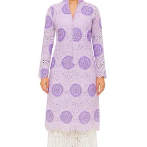 Chicken Kari Kurta - Elegant Purple Eyelet Embroidered Long Sleeve Tunic for Women