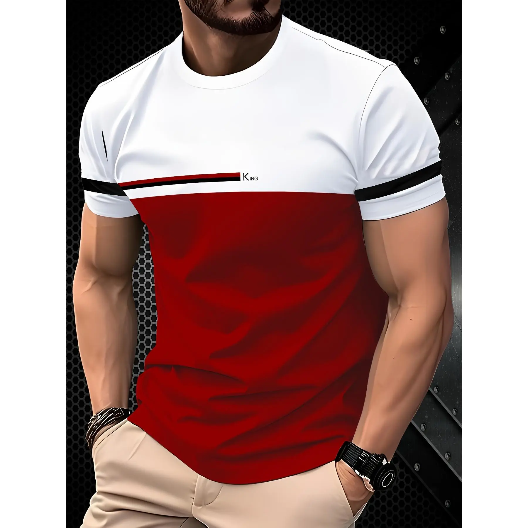 [Digital Print T-Shirt] Summer Fashion Men's Casual Crew Neck T-Shirt |     100% Polyester Knit Fabric, Regular Fit, Short Sleeve Tee with Bold Digital Print, Solid Color, Durable Casual Tee, Shirts for Summer, Fashionable Casualwear