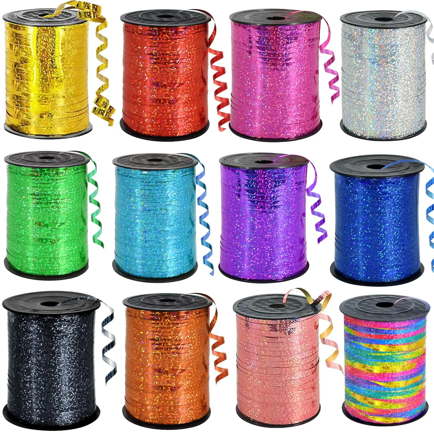 12 Rolls Glitter Curling Ribbons Assortment For Balloon  Christmas Gift Warp Birty Party - Assorted Shiny Metallic Sparkling Colors Ribbon Art And Craft Decoration