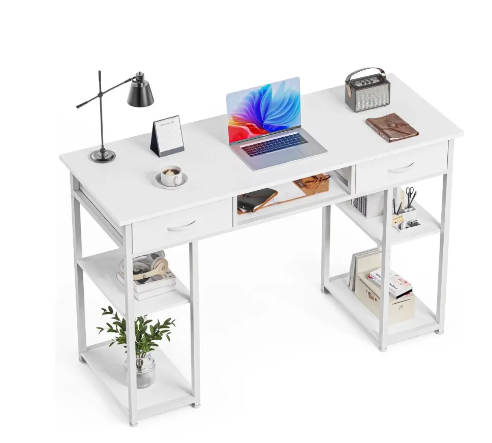 Small Desk with Drawers & Storage Shelves, 48 Inch Computer Desk Modern White Desk Gaming Writing Desk Study Table for Home Office, White