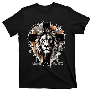 Man Of Faith Lion of Judah Jesus Christ Cross Christian Catholic T-Shirt Crewneck Casual Menswear Streetwear Stylish Tshirt Soft Shortsleeve Classic Tee