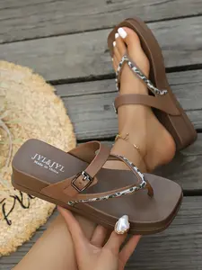 Women's Brown Snake Print Thong Platform Slide Sandals, Casual Vacation-Chic Style, Comfortable Beach Slides #CasualVacationShoes, #SnakePrintThongSlides, #ComfortBeachChicSandals