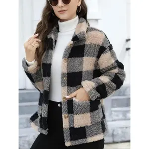 Women’s plaid print fuzzy jacket with front button closure and pockets, casual long-sleeve collared outerwear for fall and winter, women’s clothing for everyday wear
