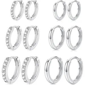 6 Pairs Stainless Steel Small Hoop Earrings for Women,stainless Steel Hypoallergenic Tiny Cubic Zirconia Cartilage Huggie Earring Sets for Multiple Piercing Trendy Jewelry 8/10/12mm