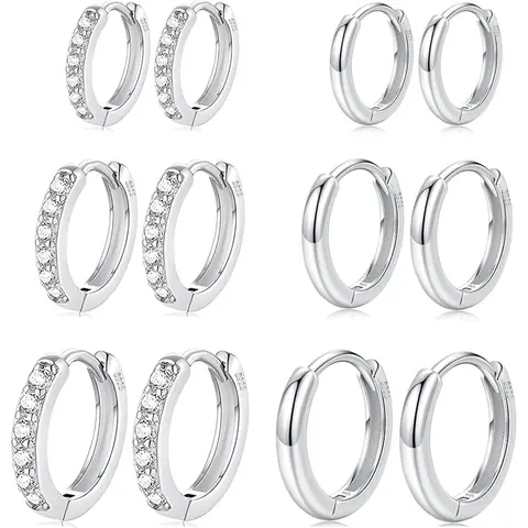 6 Pairs Stainless Steel Small Hoop Earrings for Women,stainless Steel Hypoallergenic Tiny Cubic Zirconia Cartilage Huggie Earring Sets for Multiple Piercing Trendy Jewelry 8/10/12mm