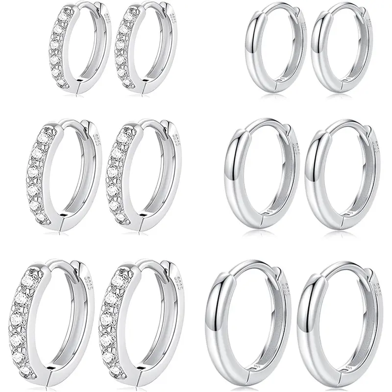 6 Pairs Stainless Steel Small Hoop Earrings for Women,stainless Steel Hypoallergenic Tiny Cubic Zirconia Cartilage Huggie Earring Sets for Multiple Piercing Trendy Jewelry 8/10/12mm