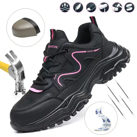Shenganton Women's Round Toe Steel Toe Caps Safety Sneakers - Braid Laces, Anti-Smash, Anti-Puncture, Breathable Mesh Upper, EVA Outsole, Durable, All Seasons Colorblock Walking Shoes for Women, Work-to-Casual Footwear