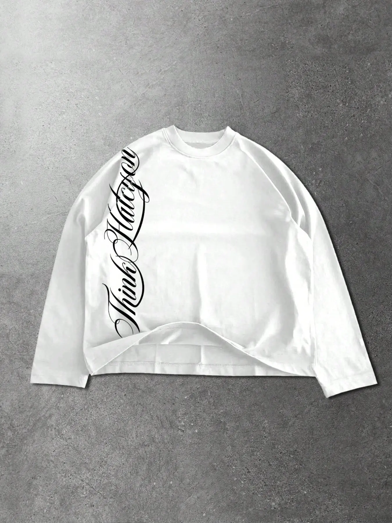 Premium Clean Fit Oversized Long Sleeve T-Shirt for Men/Women - Aesthetic Side Script Calligraphy Graphic Print Tee - Minimalist High Streetwear Fashion Pullover for Daily Casual & Skater Style
