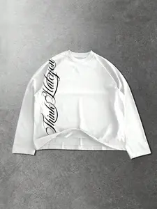 Cyberpunk Aesthetic Heavyweight Black Long Sleeve with Red Fluid Calligraphy Print, Loose Boxy Fit Darkwear Tee for Streetwear Enthusiasts & Night-out Grunge OOTD