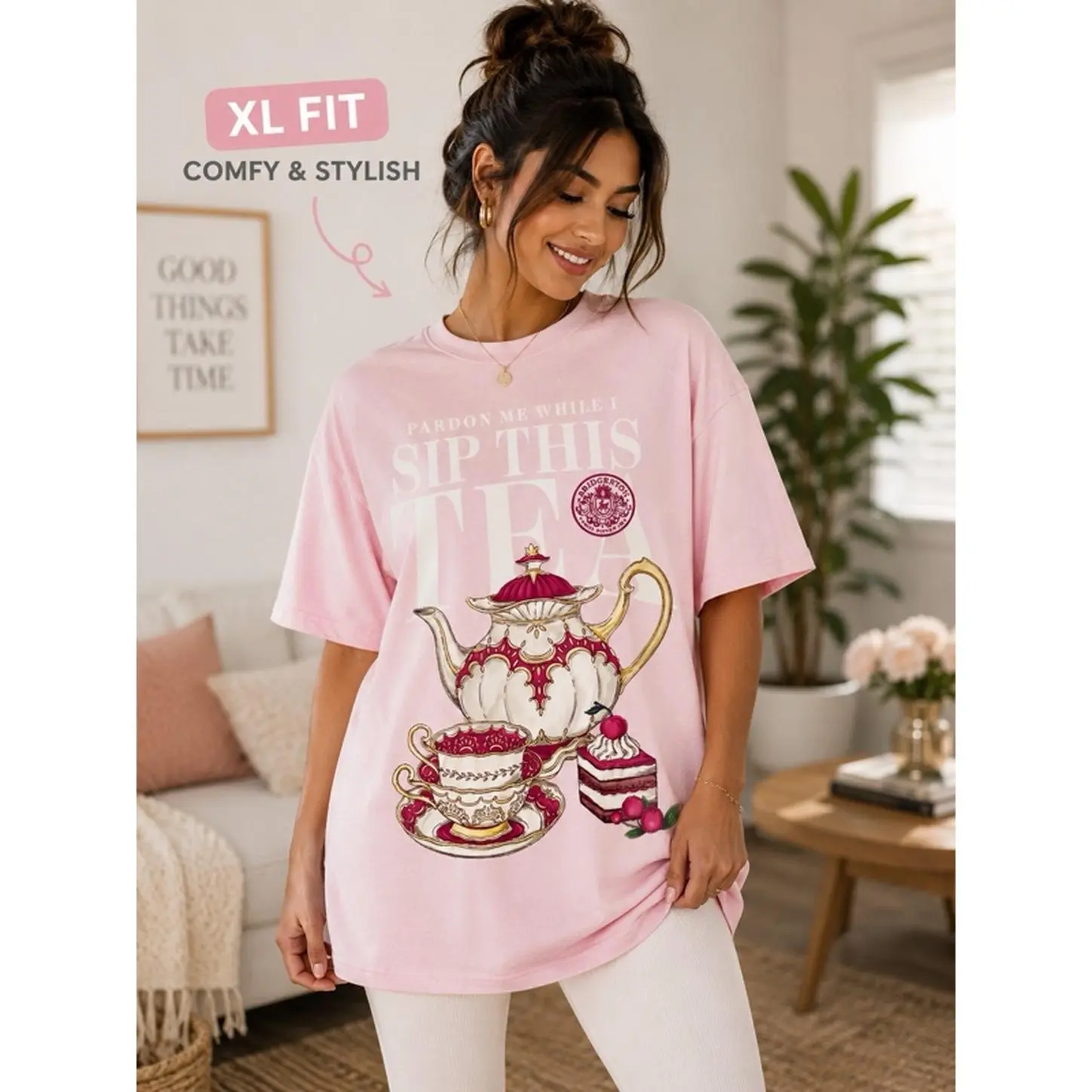 Pink XL Fit Comfy & Stylish T-Shirt with Tea Design for Women