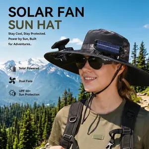 2026 New Solar Fan Hat for Men Women, UPF 50+ Cooling Sun Hat with Dual Power Solar & USB Rechargeable Fan, Wide Brim Waterproof Safari Cap for Mowing, Fishing, Golf, Construction & Outdoor Work, Gardening Gift, Perfect Father's Day Gift
