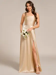 Ever-Pretty Square Neck Satin Maxi Bridesmaid Dress with Front Slit, Comfortable Fit, Ideal for Women's Wear - Womenswear 02330
