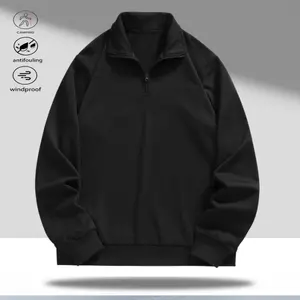 A men's black half zip stand collar sweatshirt, featuring a stylish casual design. The stand collar adds a fashionable touch, while the half zip is smooth and easy to operate. The fabric has a fine texture, providing a structured look without being soft o
