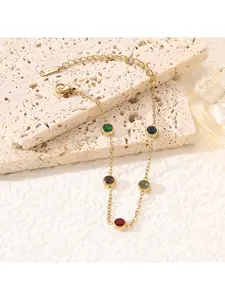 Elegant Multi-Color CZ Station Bracelet, Gold Plated Stainless Steel Bezel-Set Stone Bracelet