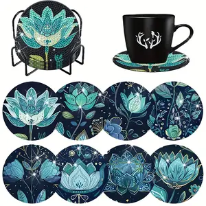 8-Piece Diamond Painted Coaster Set Lotus Pattern (with Stand), Diamond Painting Coasters, DIY Diamond Art Craft Kit for Beginners, Home Decor Gift