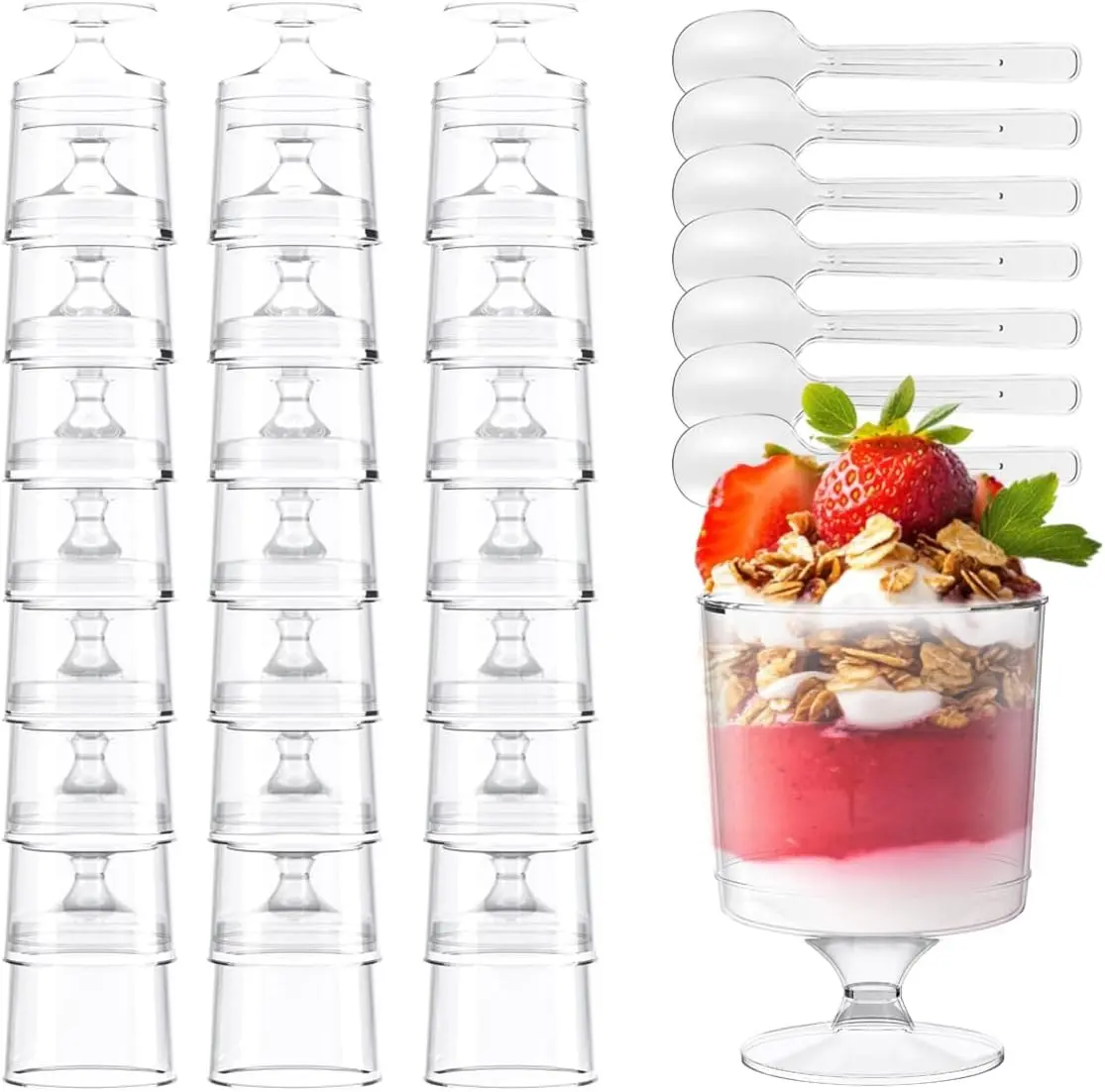 20/60 Pack Mini Dessert Cups 5oz Clear Plastic Parfait, Shooter & Appetizer Cups with Spoons for Mousse, Cheesecake, Pudding, Fruit, Wedding & Party Supplies (Set Includes 20/60 Cups & 20/60 Spoons)