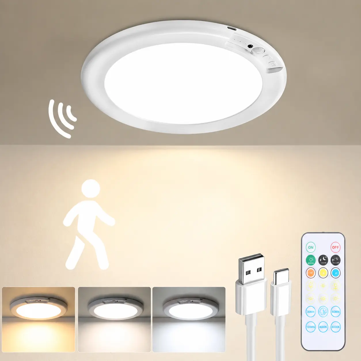 Rechargeable Motion Sensor Ceiling Lights with Remote - Magnetic Wireless Ceiling Light Battery Powered for Closet Shower Stairs Shed Hallway Porch Patio ect,Suitable for various scenarios, easy to install.