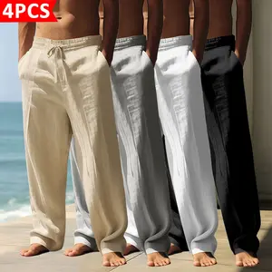 Men’s 4-Pack Linen Casual Pants | Breathable lightweight fabric, drawstring elastic waistband design, drapey straight fit, versatile for vacations/everyday wear, comfortable cool loose pants for summer