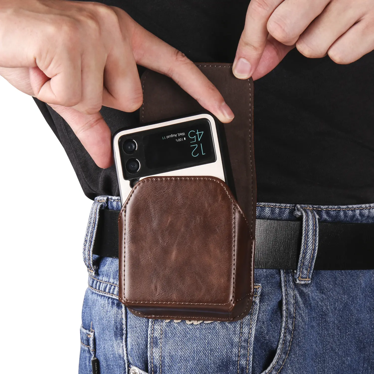 Fin Leather Belt Clip Case Waist Bag For Samsung Galaxy Z Flip 8 7 6 5 4 3 5G Flip8 Flip7 Flip6,Moto Razr 60 50 40 Oppo Holster Pouch Cover