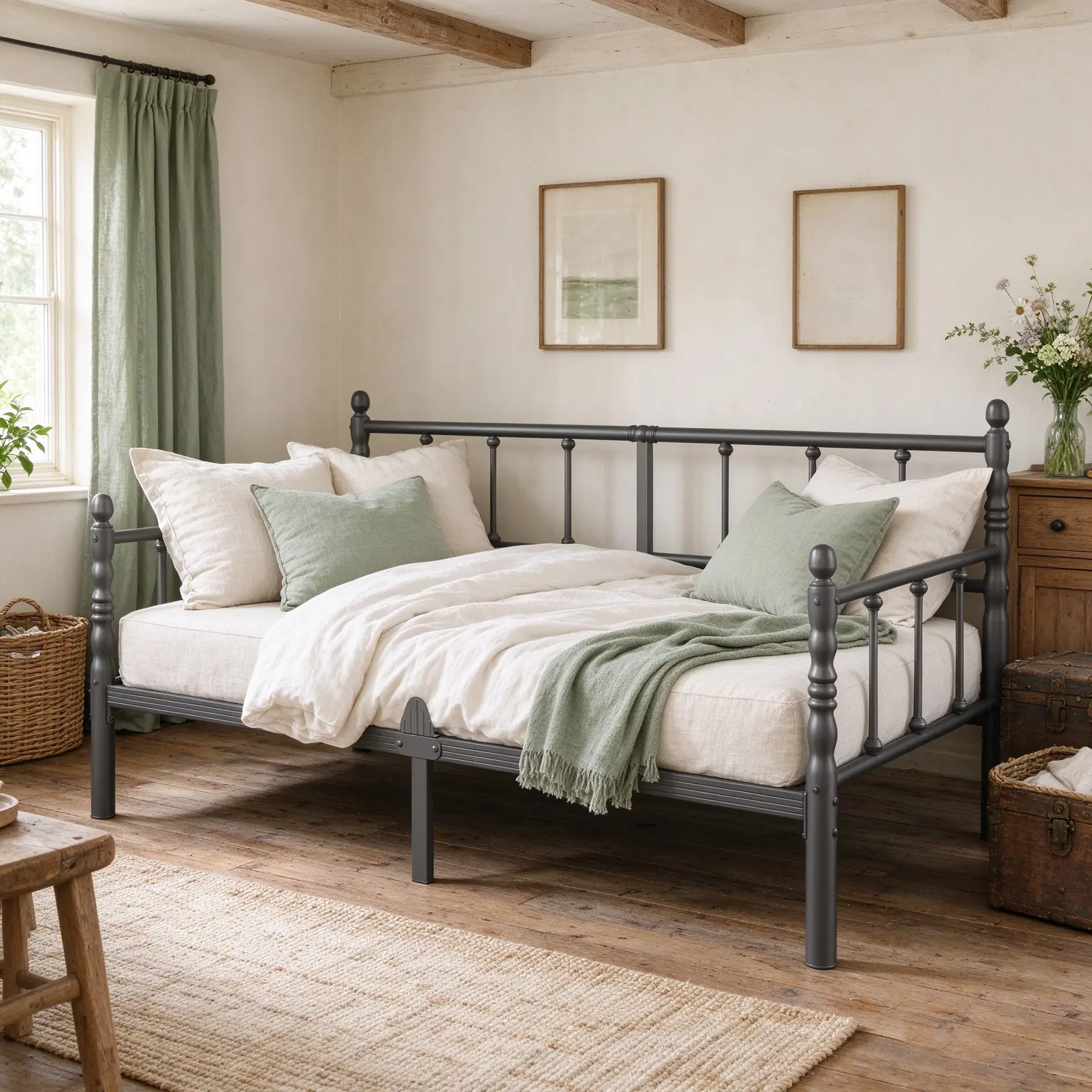 Aardhen, Queen Metal Platform Bed Frame, 14-Inch High Heavy-Duty Iron Base, Vintage Spindle Legs, Slatted Support, Rounded Corners, 4 Mattress Retention Bars, Easy Assembly