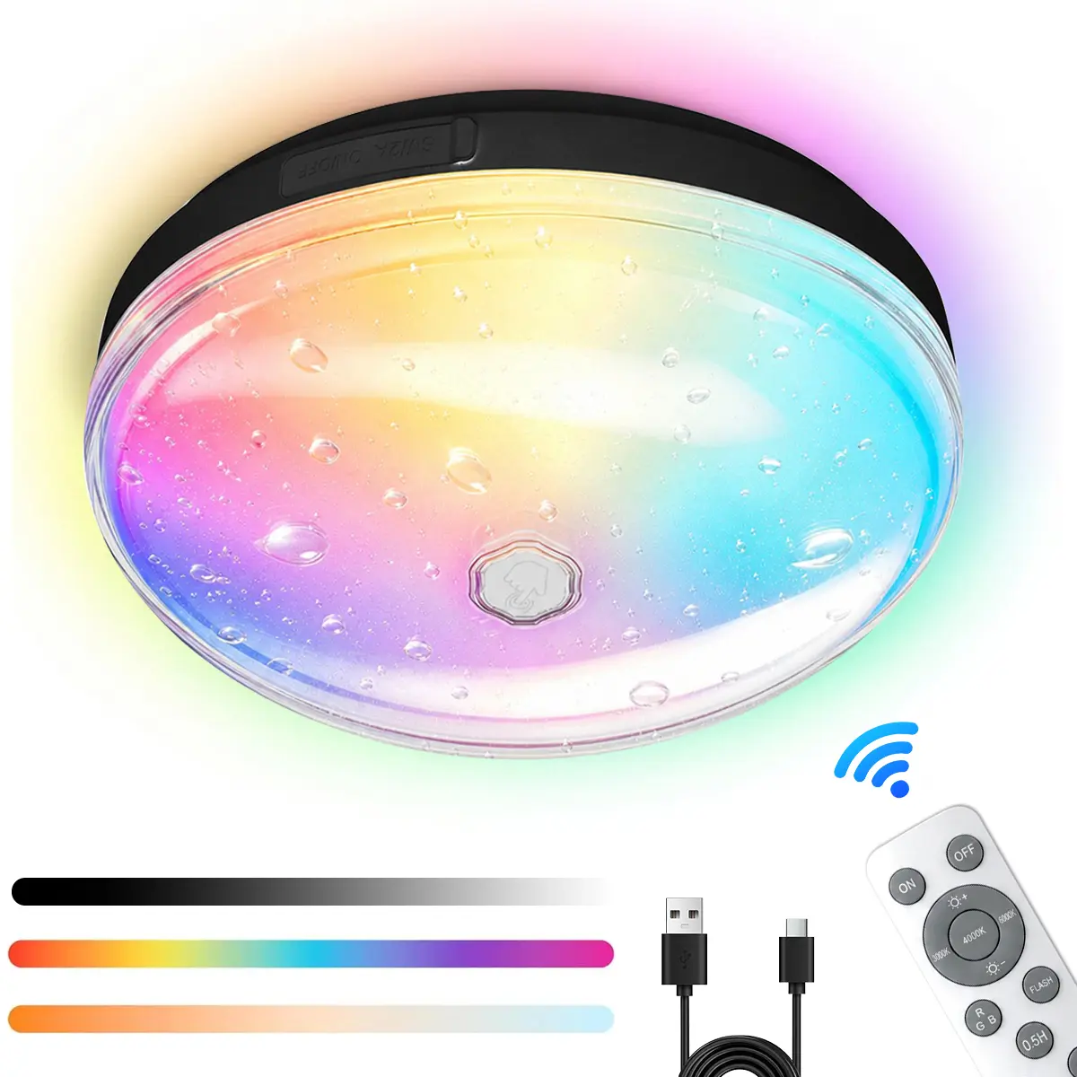 12RGB LED Ceiling Light with Remote Control, Wireless Magnetic Mount, Waterproof Fixture for Bathroom Bedroom Patio, 360° Even Lighting