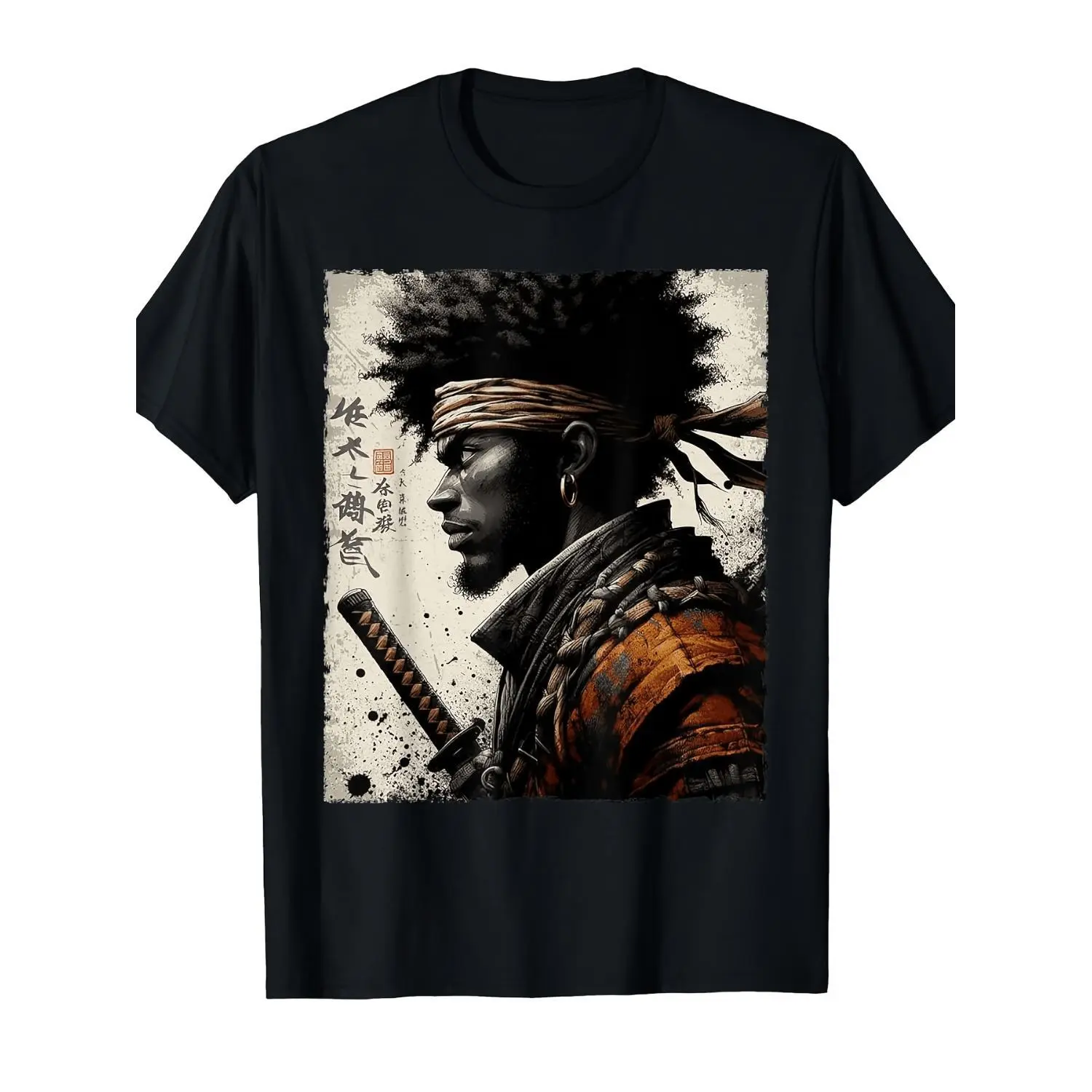 Vintage African Warrior T Shirt Featuring Afro American Samurai with Katana