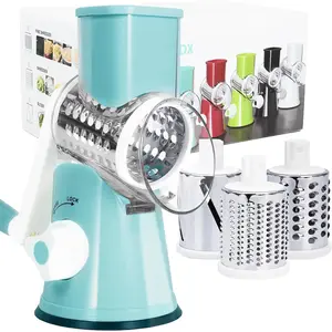 Cheese Grater Hand Crank with 3 Interchangeable Blades, Manual Cheese Shredder with Strong Suction Base, Easy to Use and Clean, Blue