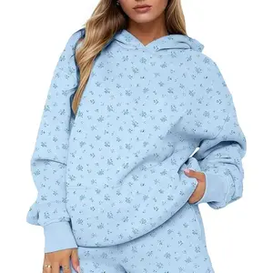 Women Y2k Oversized Floral Print Fleece Pullover Cute Hoodies Preppy Snowflake Hooded Sweatshirts Aesthetic Fall