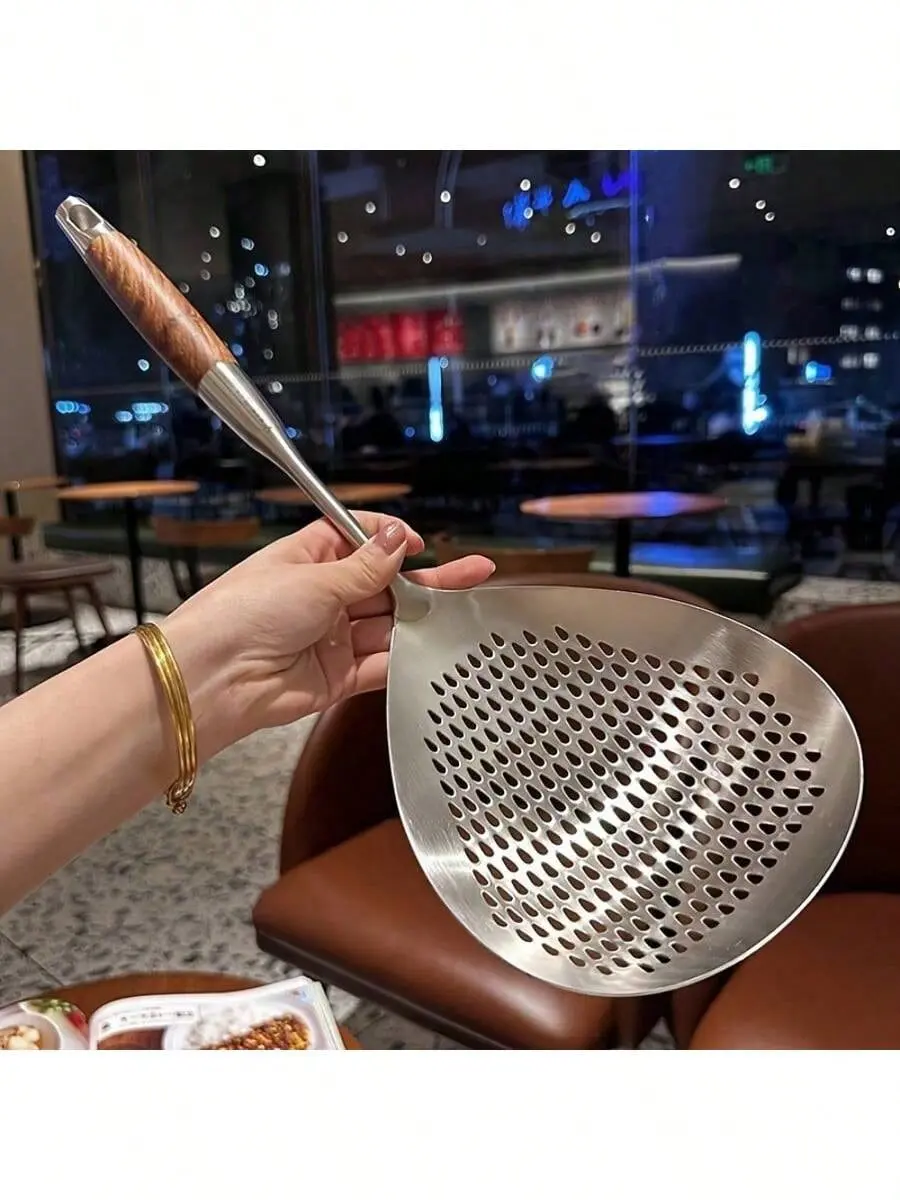 1pc Stainless Steel Large Ladle Skimmer - Heavy-Duty High-Temp Resistant (662°F) with Ergonomic Handle & Fine Mesh Strainer for Frying, Hot Pot, Cooking, Baking - Restaurant & Home Kitchen Utensil, Sleek Finish | Durable Kitchenware