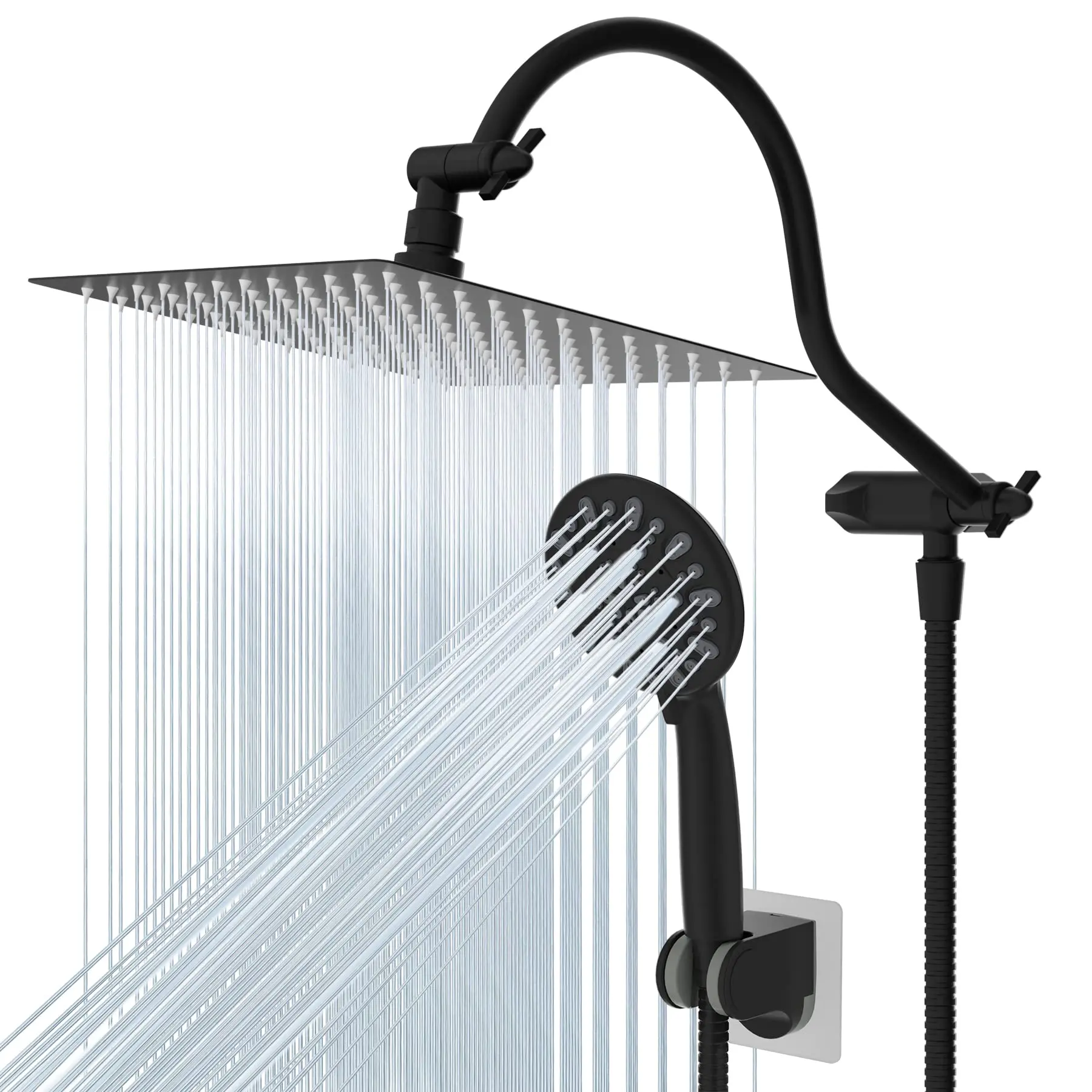 Hibbent All Metal Shower Head, 10'' High Pressure Rainfall Shower Head/Handheld Showerhead Combo with 12'' Adjustable Curved Shower Extension Arm, 7-Spray, 71'' Shower Hose, Showerhead Holder